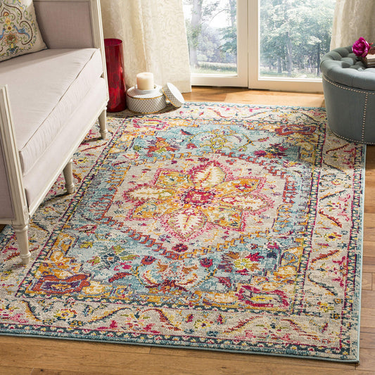 SAFAVIEH Phoenix Collection Area Rug - 5'1" x 7'6", Turquoise & Beige, Boho Chic Oriental Medallion Design, Non-Shedding & Easy Care, Ideal for High Traffic Areas in Living Room, Bedroom (PHX153K)