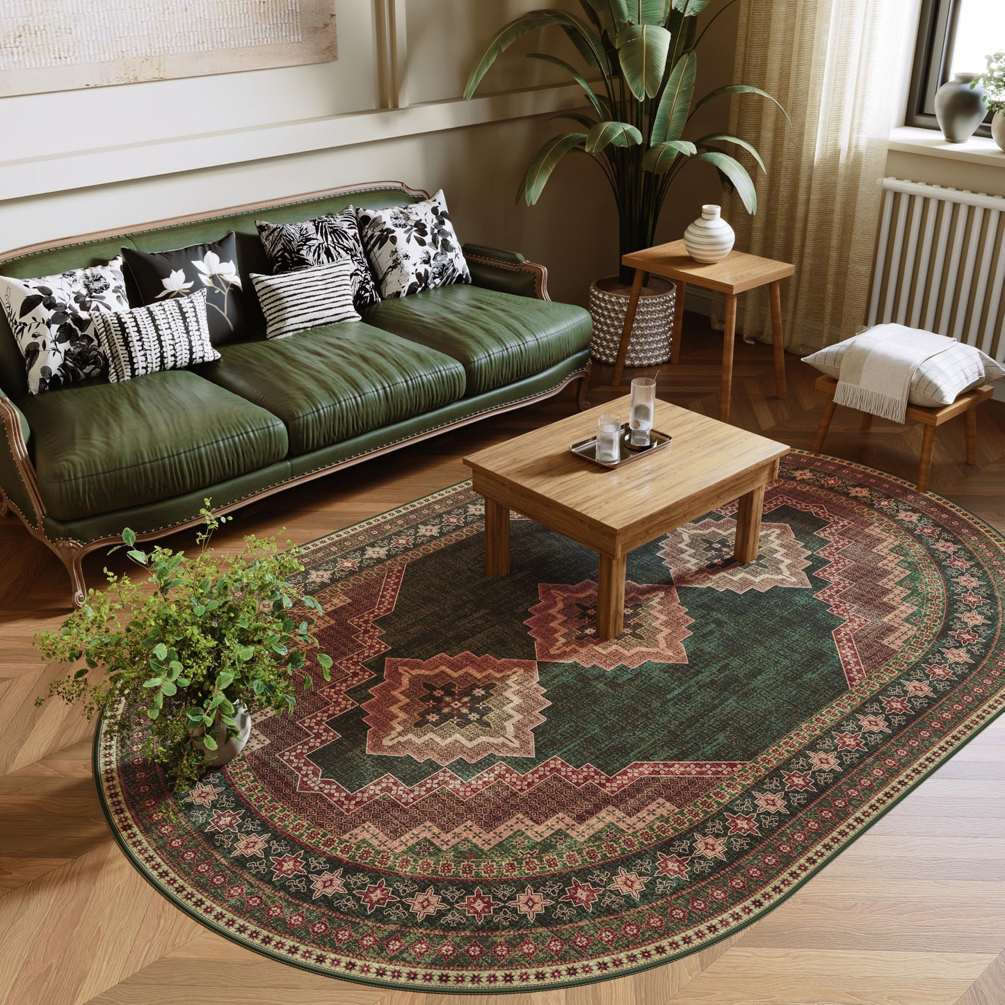 Clemile 4x6 Oval Rug - Washable Ultra-Thin Living Room Rug Vintage Non-Slip Carpets - Soft & Stain Resistant Rug for Kitchen Bedroom Dining Room Living Room Dark Brown