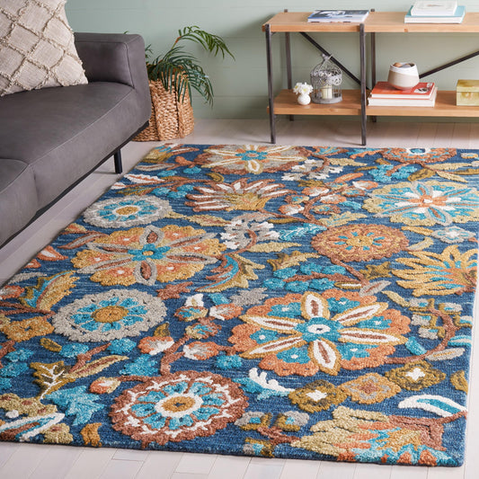 SAFAVIEH Blossom Collection Area Rug - 6' x 9', Blue & Ivory, Handmade Wool, Floral Design, Ideal for High Traffic Areas in Living Room, Bedroom, Dining (BLM409M-6)
