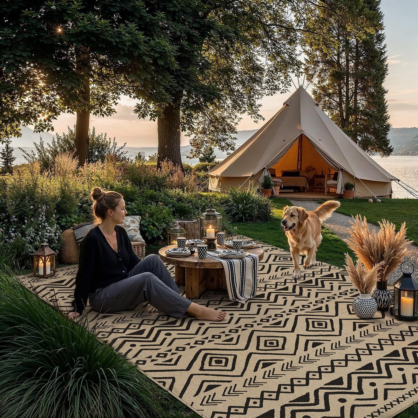 PureCozy 5x8 Easy Jute Outdoor Rug Black Boho Indoor Outdoor Area Rug Farmhouse Patio Carpet for Backyard, Patio, Porch, Living Room， Easy-Cleaning, High Traffic, Pet-Friendly, Non-Shedding