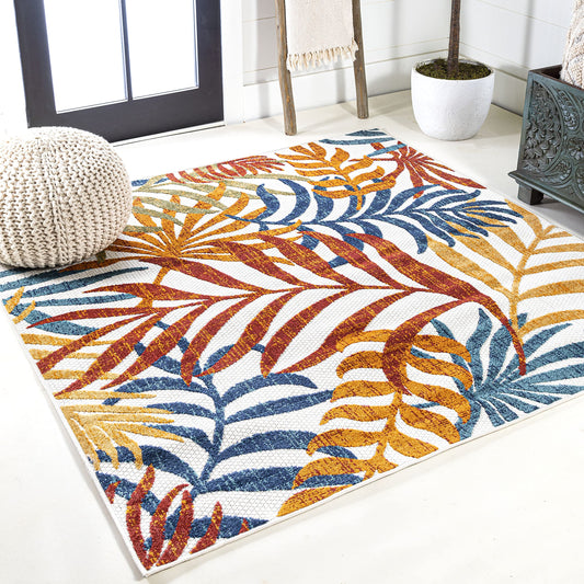 JONATHAN Y Tropics Palm Leaves Indoor Outdoor Square Area Rug 6X6 Cream/Orange, Boho for Backyard, Patio, Porch, Easy-Cleaning, High Traffic, Pet-Friendly, Non-Shedding (AMC100B-6SQ)