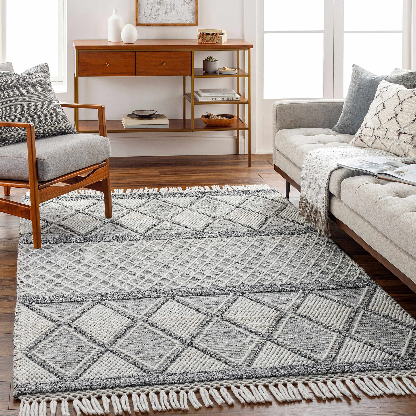 Hauteloom Rehn Recycled Material Area Rug - Geometric Diamond Trellis Striped Triangle - Bohemian Transitional Boho Moroccan Tribal - White, Black, Light Slate, Gray, Cream - 27" x 45"