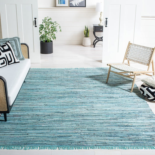 SAFAVIEH Area Rug 8x10 - Rag Collection - Large - Turquoise & Multi, Handmade Cotton, Boho Stripe Pattern, Ideal for Living Room, Bedroom, Office, Dining Space (RAR127C)