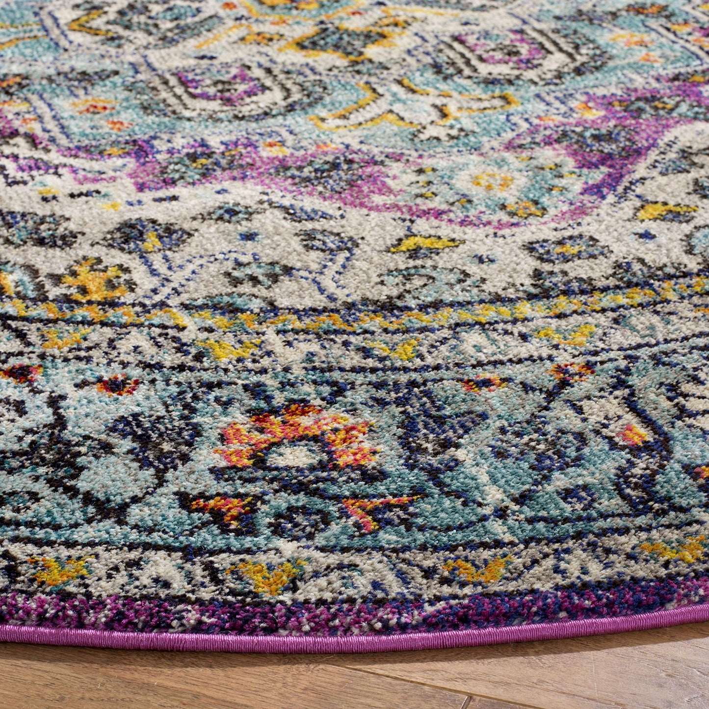 SAFAVIEH Monaco Collection 6'7" Round Violet/Light Blue MNC251L Boho Chic Medallion Distressed Non-Shedding Dining Room Entryway Foyer Living Room Bedroom Area Rug