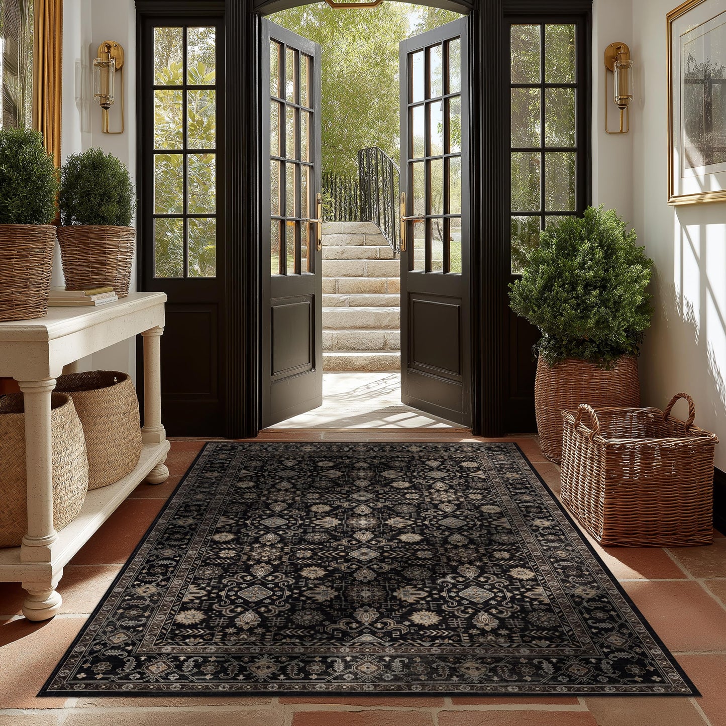 Ruaruarug Washable Area Rug 5x7 for Living Room, Bedroom, Ultra Soft Non Slip Stain & Fade Resistant, Pet & Kids Friendly, Suitable for High Traffic Areas Easy to Clean for Office Kitchen, Black Gold
