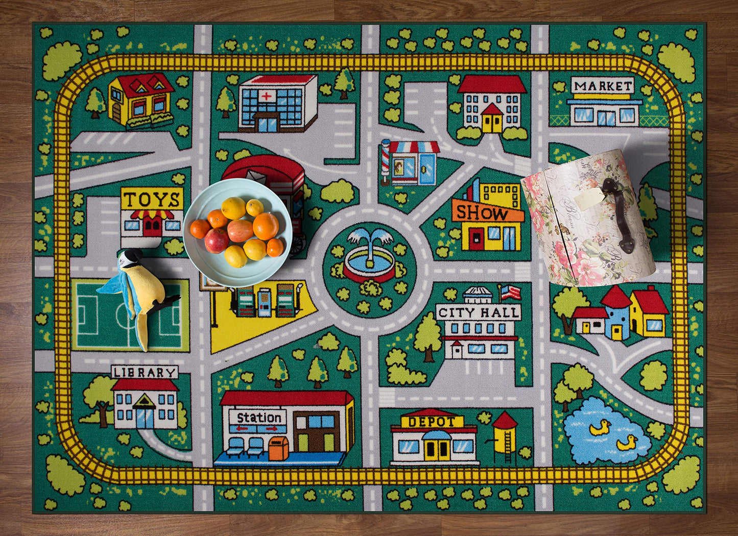 Rugshop Kids Educational Learning City Life Road Non Skid (Non Slip) Area Rug 3'3" x 4'7" Green