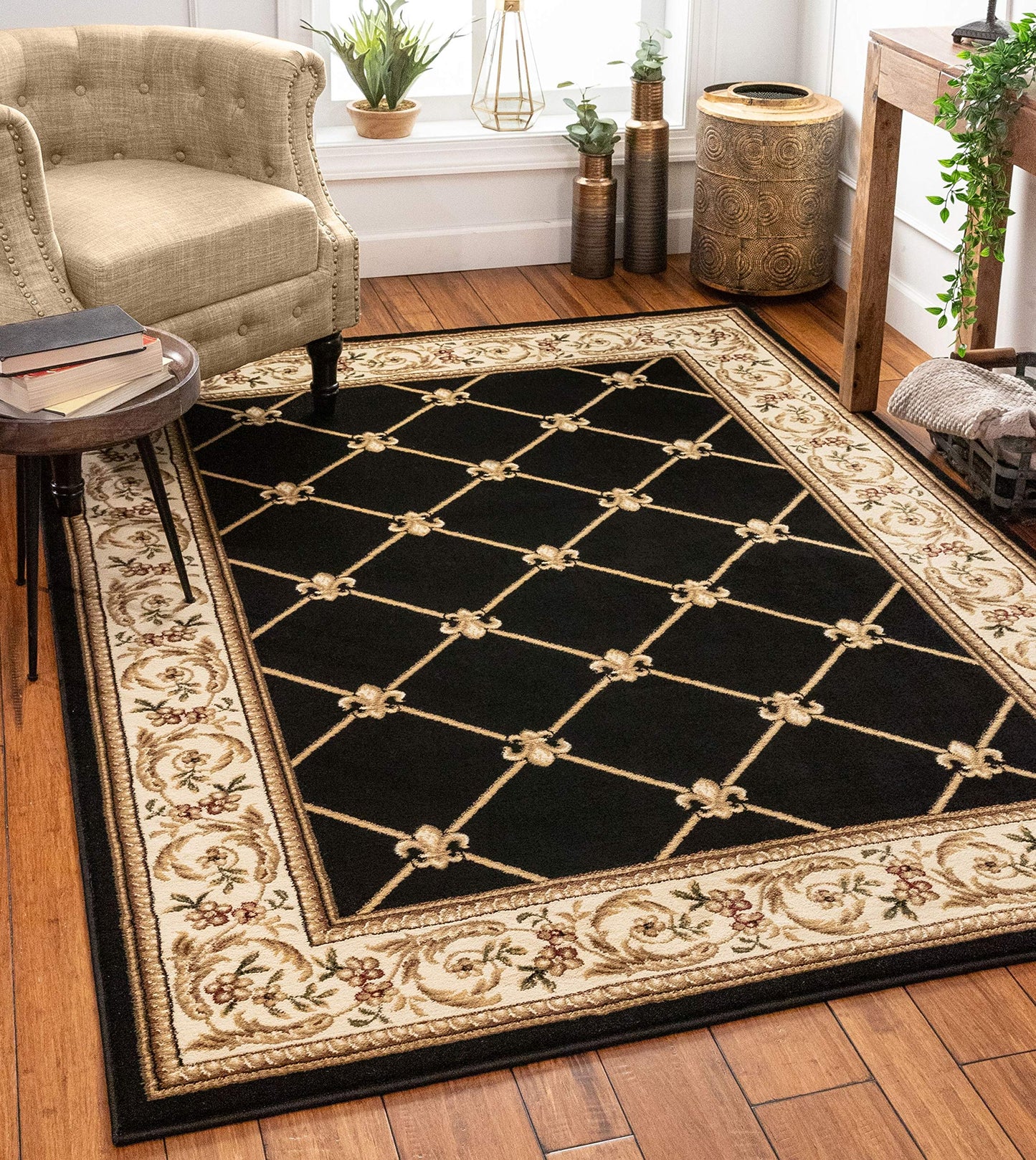 Patrician Trellis Black French European Formal Traditional (5'3" x 7'3") Area Rug Stain Fade Resistant Shed Free Modern Contemporary Floral Transitional Thick Soft Plush Living Dining Room Rug