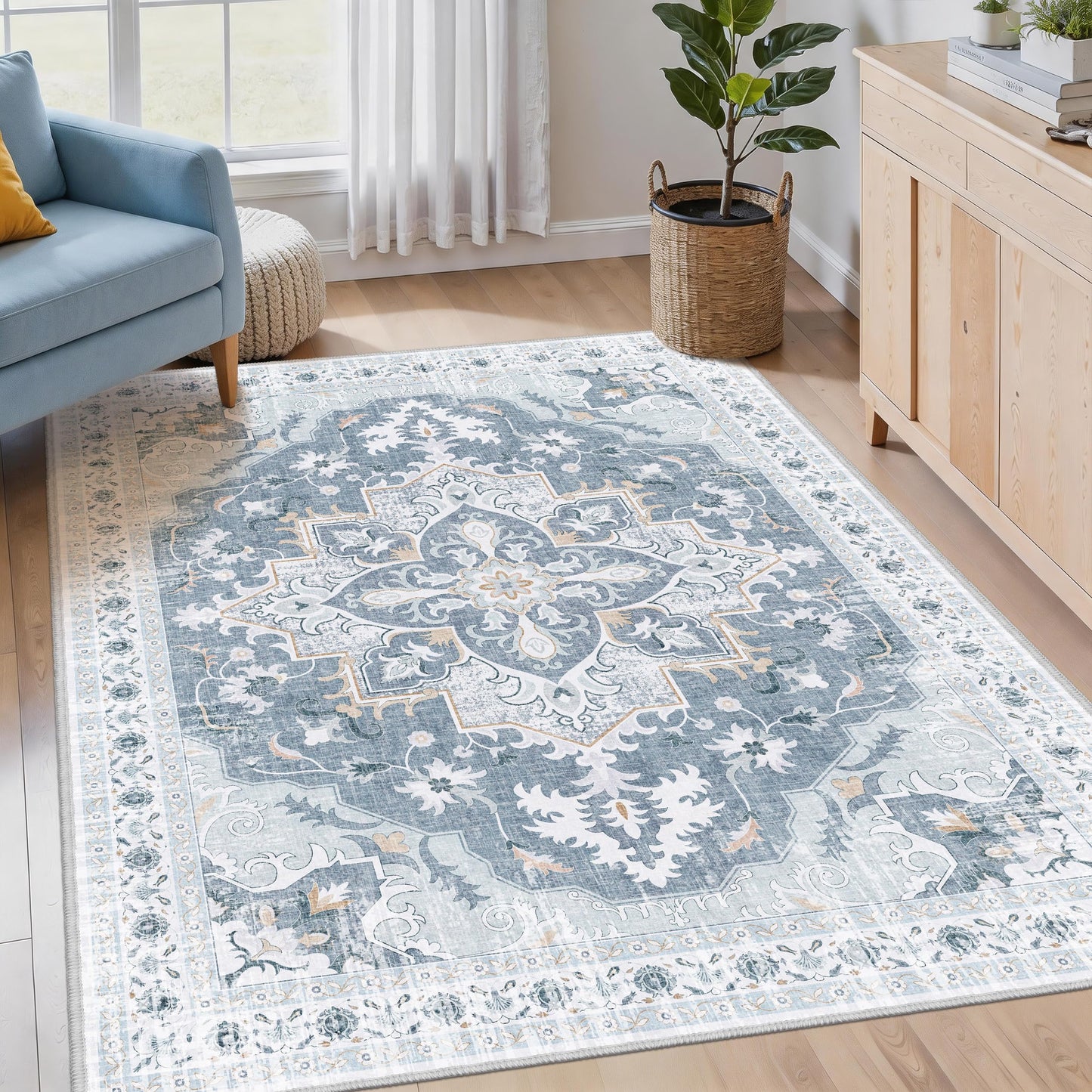 TTelephant 4x6 Area Rug, Soft Non-Slip Vintage Medallion Rug, Low-Pile Printed Indoor Washable Area Rugs for Living Room, Bedroom Bedside, Entryway, Kitchen -Blue/Gray