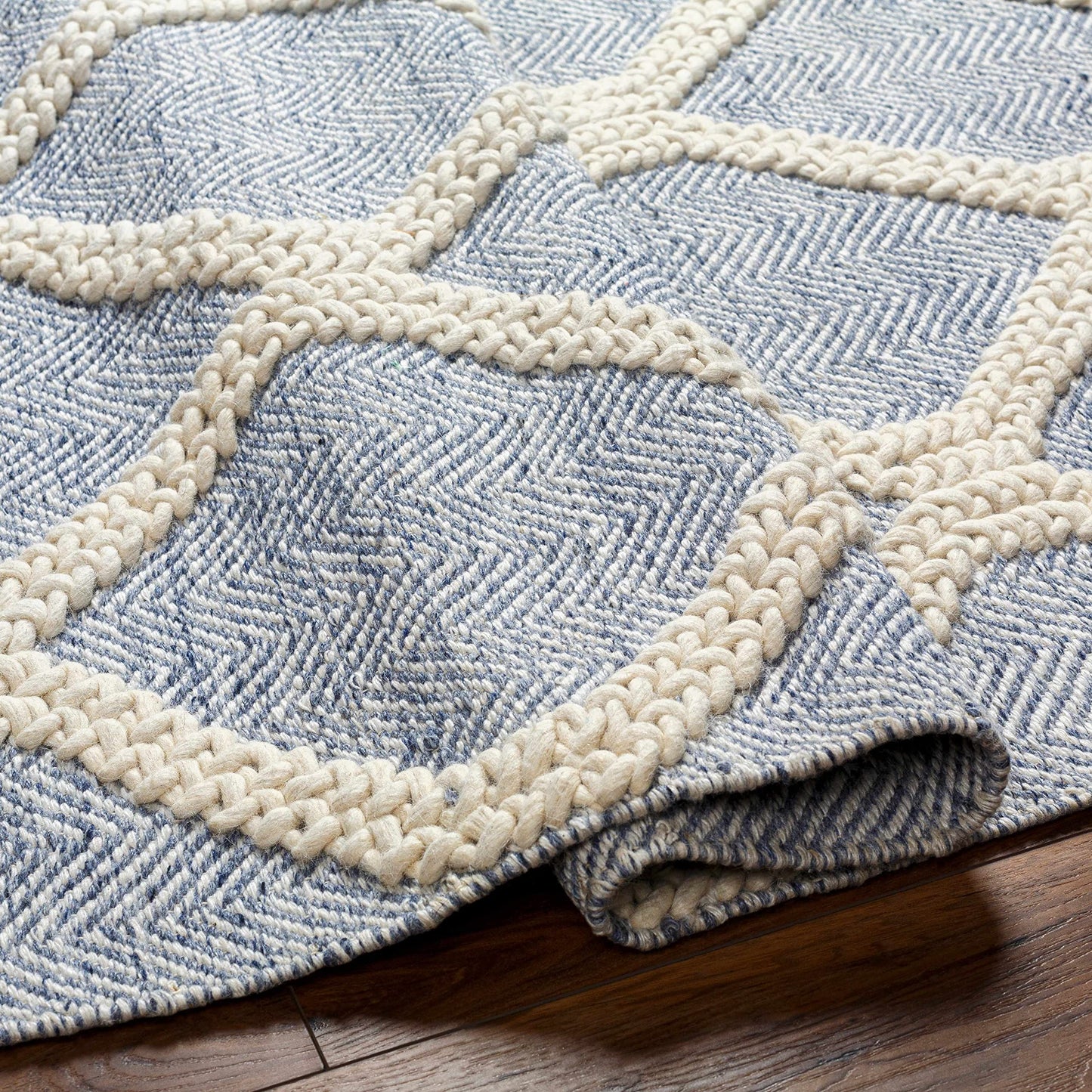 Hauteloom Ecolux Recycled Material Living Room, Bedroom Area Rug - Geometric Diamond Trellis Lattice Herringbone - Contemporary Scandinavian Modern Minimalist Nordic - Blue, Cream, Light - 27" x 45"