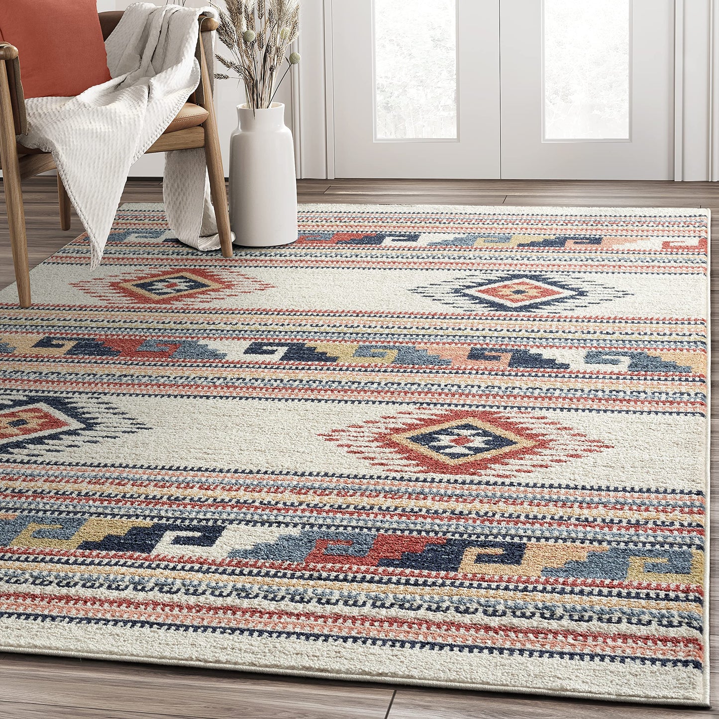 Abani Multicolor Southwestern Design Area Rug - Non-Shed Orange, Grey & Beige Tribal Pattern Dining Room Carpet Rugs (3'x5')
