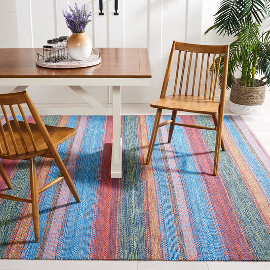SAFAVIEH Montauk Collection Area Rug - 6' Square, Blue & Orange, Handmade Flat Weave Boho Stripe Cotton, Ideal for High Traffic Areas in Living Room, Bedroom (MTK851N)