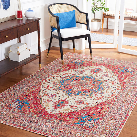 SAFAVIEH Washable Rug Tucson Collection - 4' x 6', Red & Beige, Slip Resistant & Easy to Clean, Ideal for Foyer, Kitchen, Nursery, Office, Bedroom (TSN107Q)