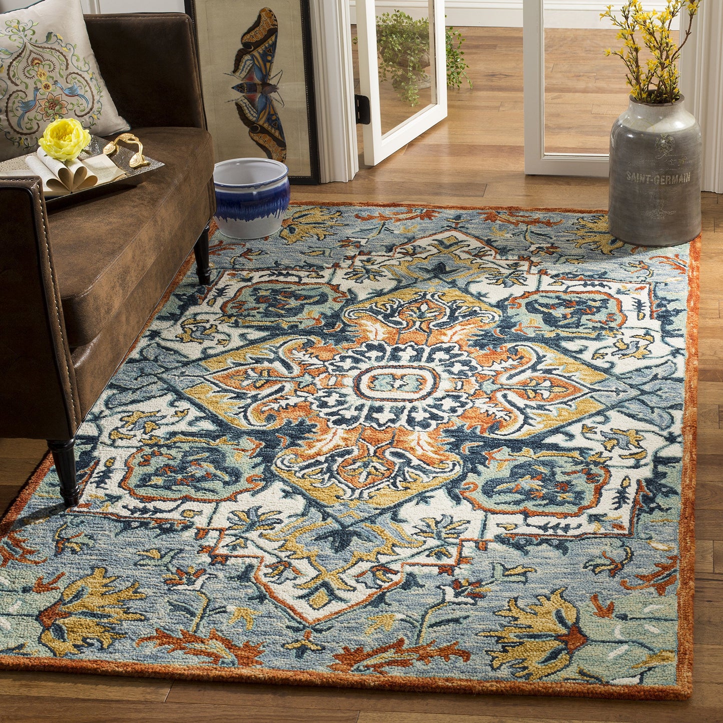 SAFAVIEH Aspen Collection Area Rug - 3' Square, Blue & Rust, Handmade Boho Wool, Ideal for High Traffic Areas in Living Room, Bedroom (APN312A)