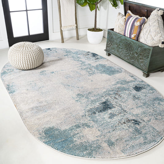 JONATHAN Y Modern Abstract Vintage Cream/Blue 3x5 Oval Indoor Area Rug, Contemporary POP, Transitional, Easy-Cleaning for Living Room, Bedroom, Kitchen, Pet Friendly, Non-Shedding (CTP104A-3OV)