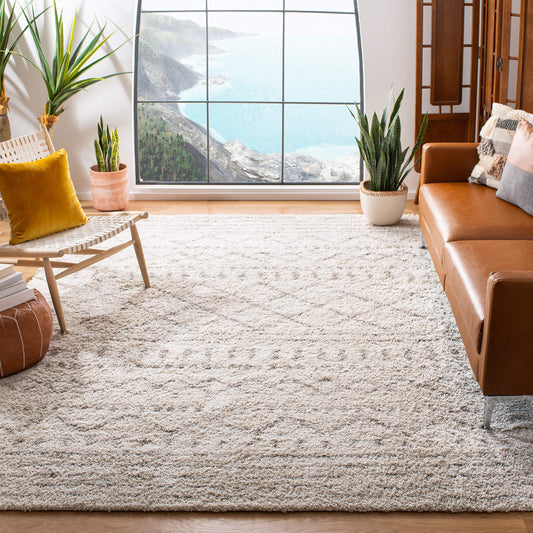 SAFAVIEH Arizona Shag Collection Area Rug - 9' Square, Ivory & Beige, Moroccan Boho Design, Non-Shedding & Easy to Clean, Ideal for Living Room, Bedroom, Dining Space (ASG741A)