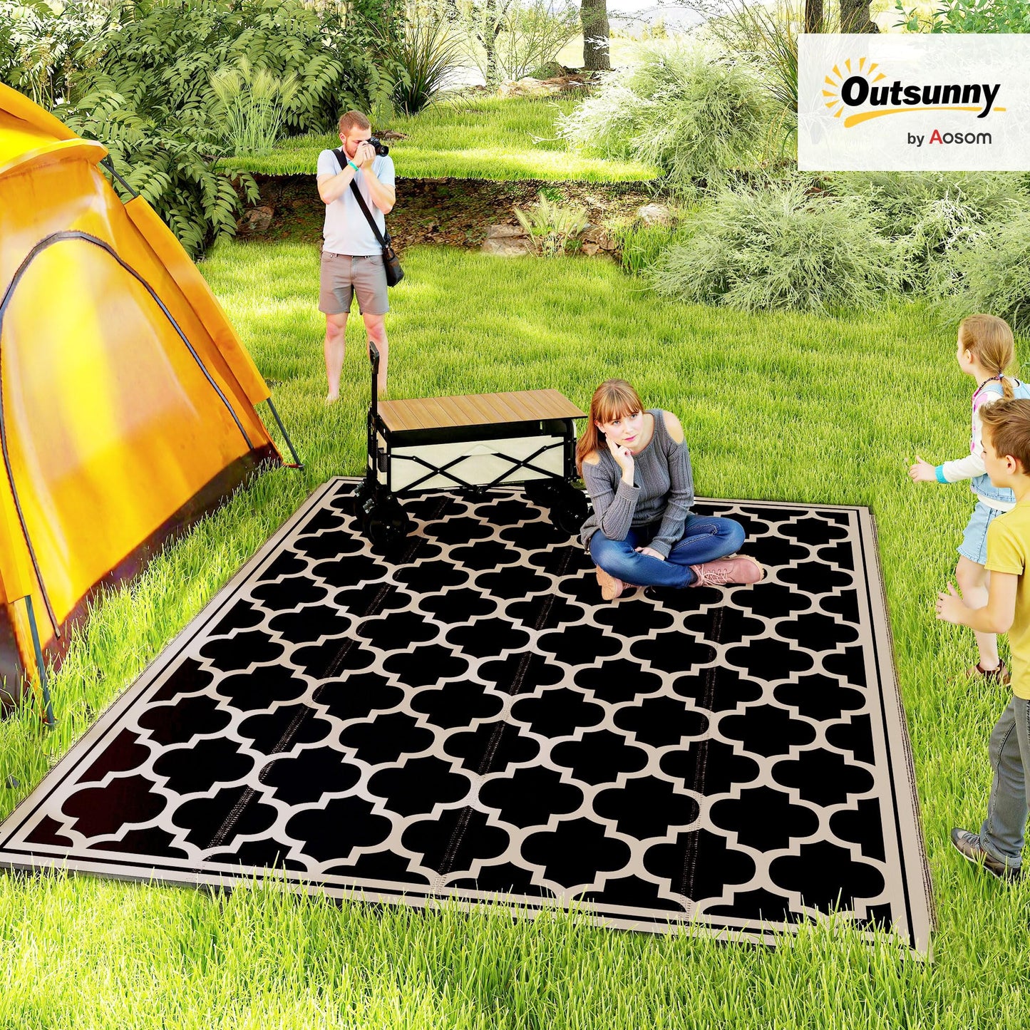 Outsunny Reversible Outdoor Rug, 9' x 12' Waterproof Plastic Straw Floor Mat, Portable RV Camping Carpet, Large Floor Mat for Backyard, Deck, Picnic, Beach, Black & Beige