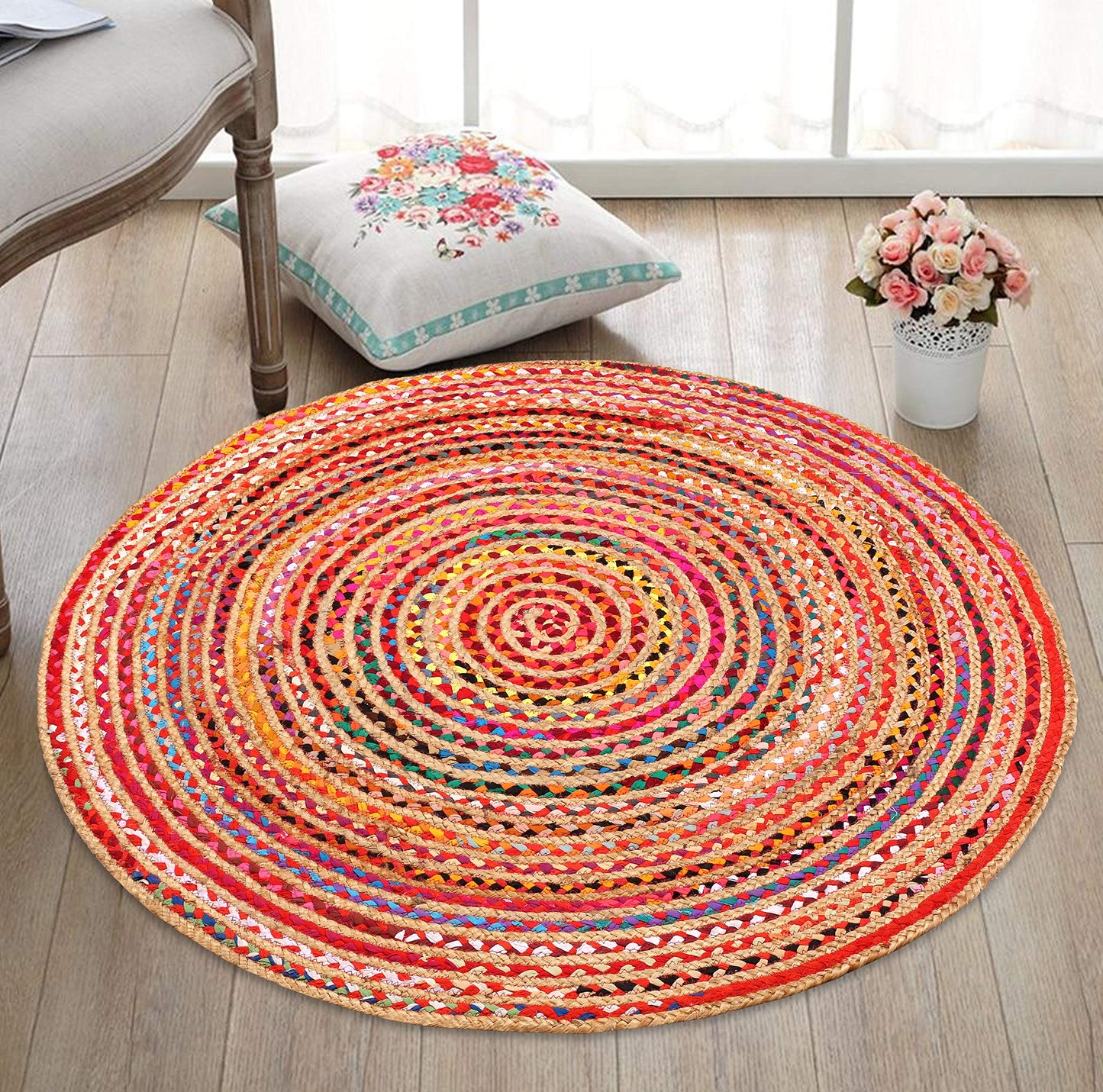 Lightnpro Bohemian Braided Rug 4 Feet Round - Multi Color, Circle Farmhouse Jute Cotton Area Rag Rug for Kitchen, Kids Bedroom, Playroom | Colorful Hand Woven Reversible Pet Friendly Carpet