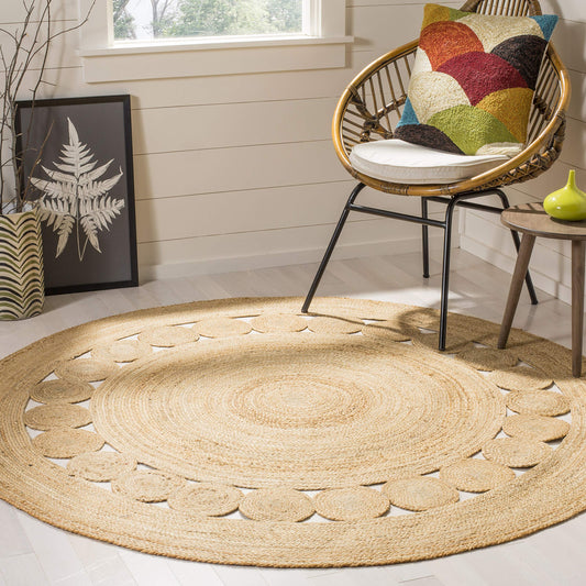 SAFAVIEH Area Rug 6' Round - Natural Fiber Collection - Natural Brown, Handmade Jute, Boho Farmhouse Braided Design (NF364A)