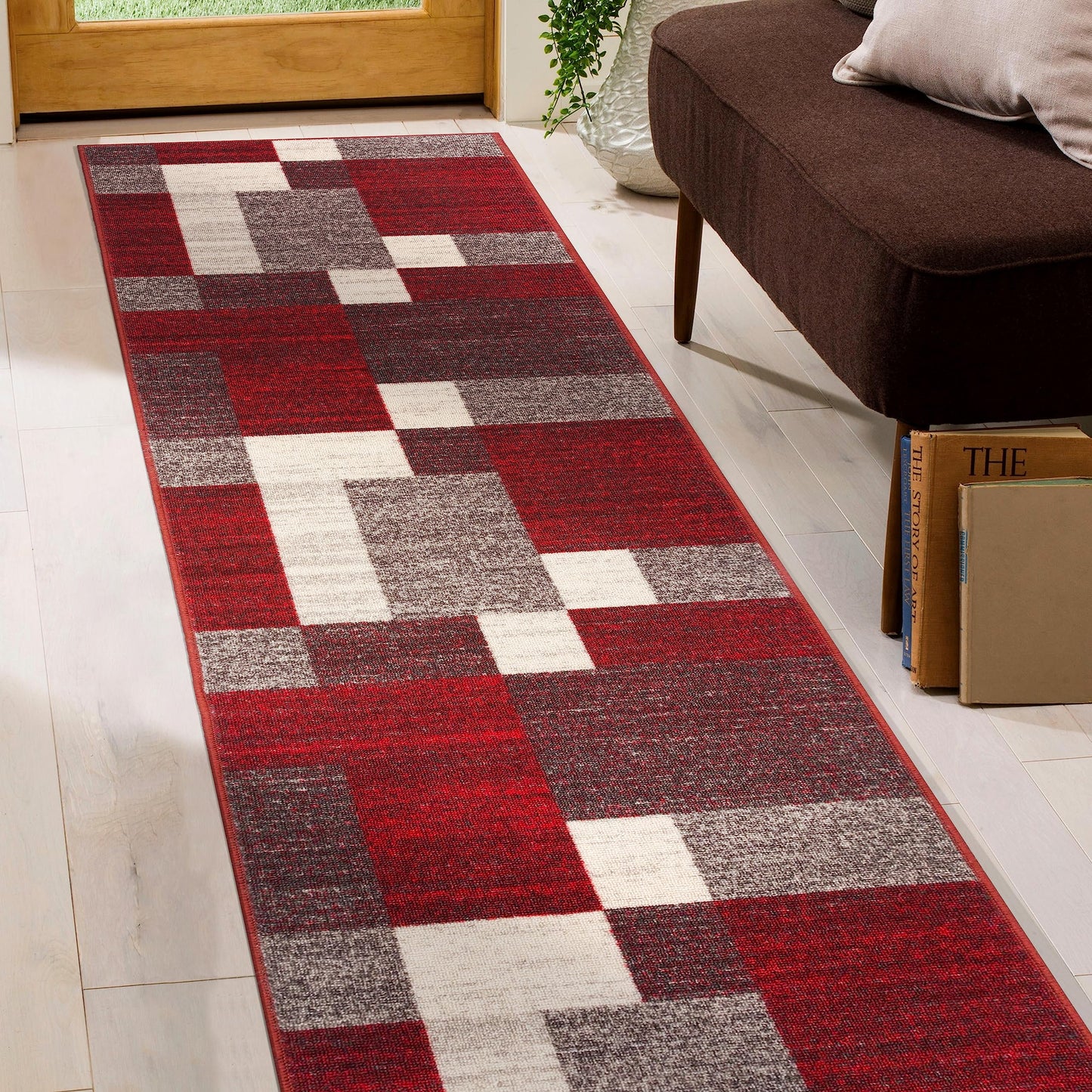 Rugshop Red Modern Geometric Boxes Non-Slip Area Rug Non-Shedding for Hallway, Entryway and Kitchen, 2' x 7'2" (22" X 84")