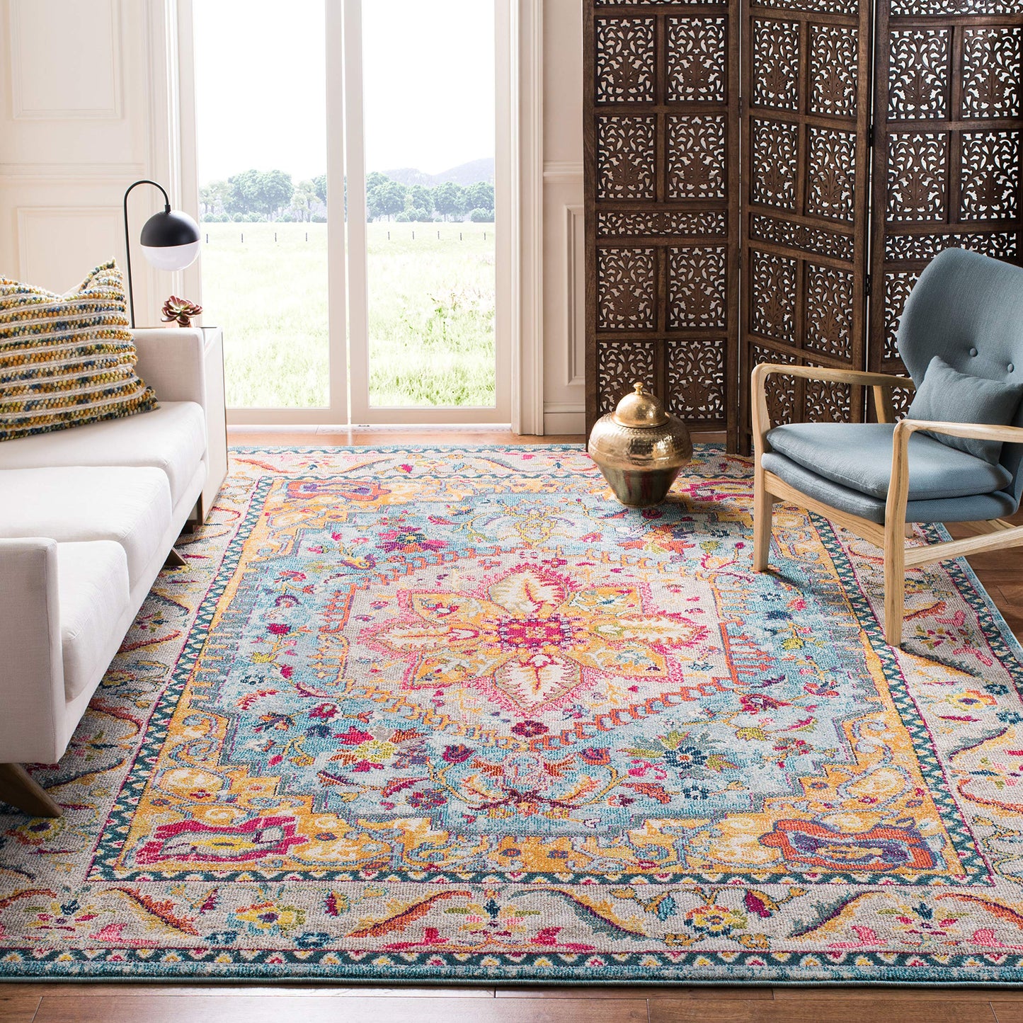 SAFAVIEH Area Rug 8x10 - Phoenix Collection - Large - Turquoise & Beige, Boho Oriental Medallion Design, Non-Shedding & Easy Cleaning, Ideal for Living Room, Bedroom, Office, Dining Space (PHX153K)
