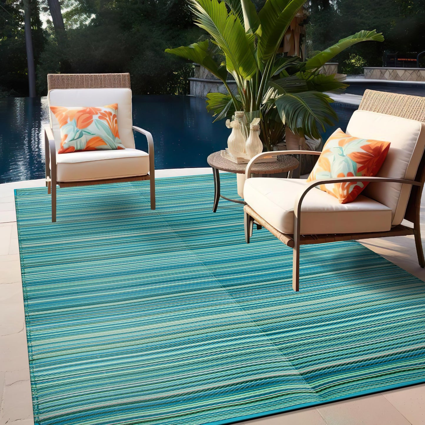 Rugshop Contemporary Stripe Reversible Crease-Free Waterproof Premium Recycled Plastic Outdoor Rugs for Patio,Backyard,RV,Deck,Picnic,Trailer,Beach,Camping Rug 4' X 6' Blue