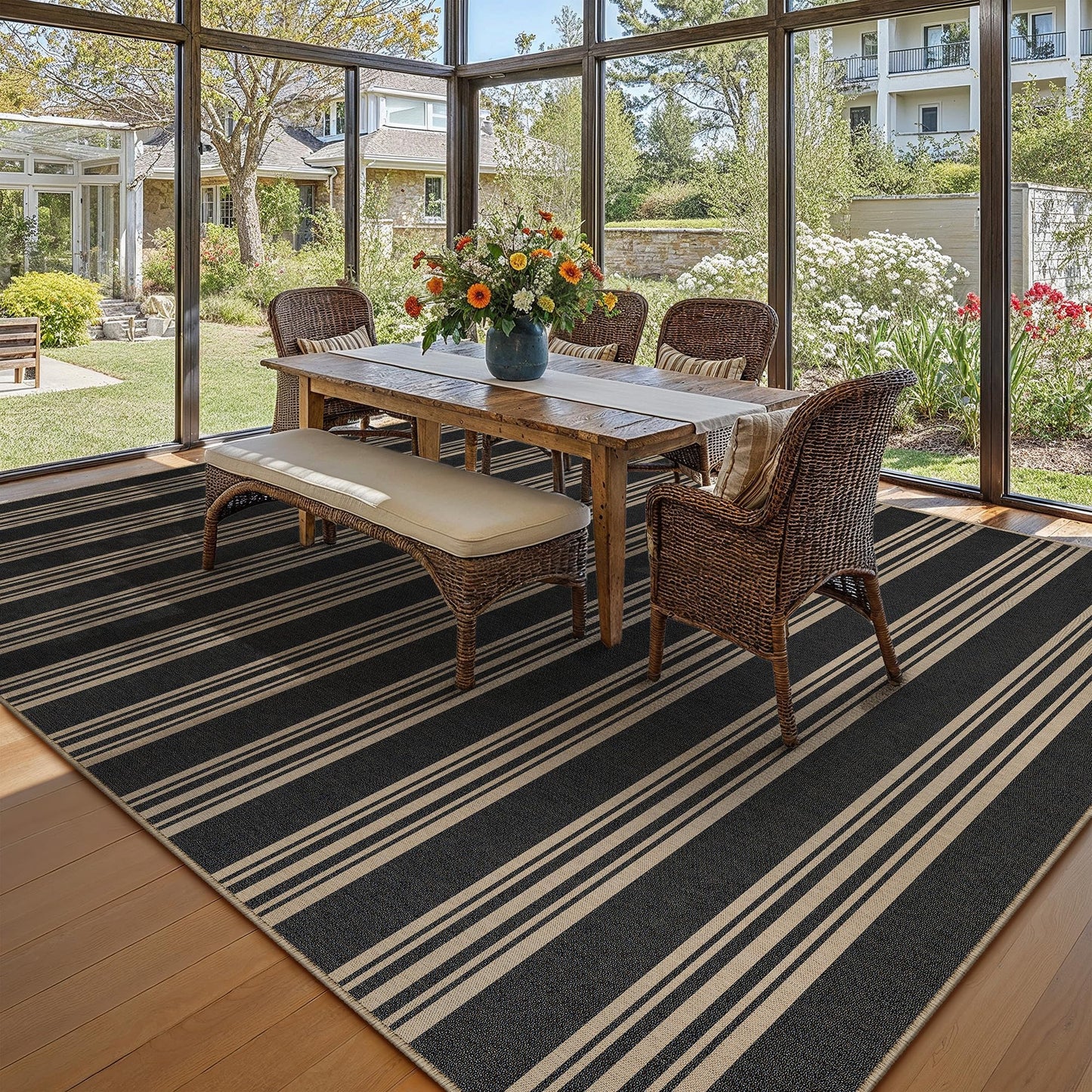 PureCozy Striped Easy Jute Rug 5x8 Black Living Room Carpet Washable Non Slip Bedroom Office Rug Farmhouse Neutral Non Shedding Indoor Outdoor Large Carpet for Kitchen Dining Room