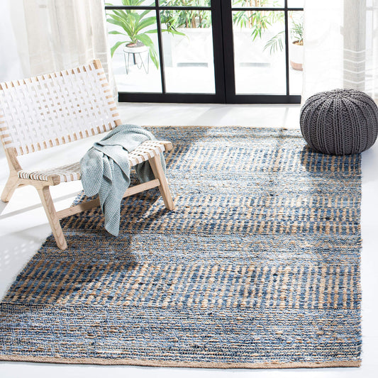 SAFAVIEH Cape Cod Collection Area Rug - 5' x 8', Natural & Blue, Handmade Flat Weave Coastal Braided Jute, Ideal for High Traffic Areas in Living Room, Bedroom (CAP353A)