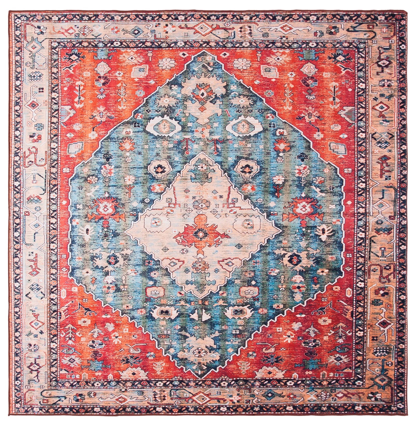 SAFAVIEH Washable Rug Tucson Collection - 5' Square, Beige & Blue, Slip Resistant & Easy to Clean, Ideal for Living Room, Bedroom, Dining Space (TSN104B)