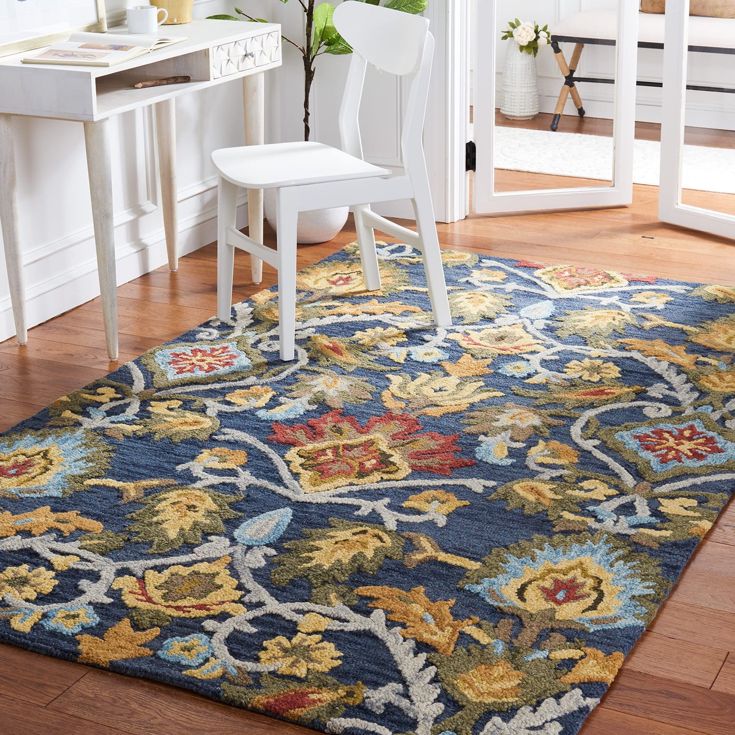 SAFAVIEH Blossom Collection 3' x 5' Navy / Multi BLM402A Handmade Premium Wool Area Rug