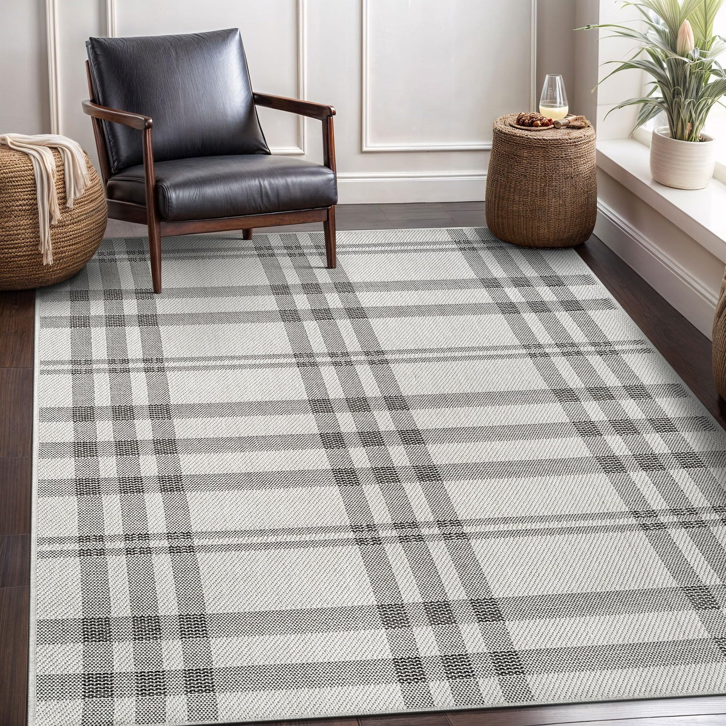 CAMILSON Easy Jute Rug 6x9, Indoor Outdoor Off-White Color Fiber Area Rugs for Entry, Living Room and Farmhouse Rug, Checkred Boho Woven Design, Easy-Cleaning, Washable Outside Carpet (6 x 9)