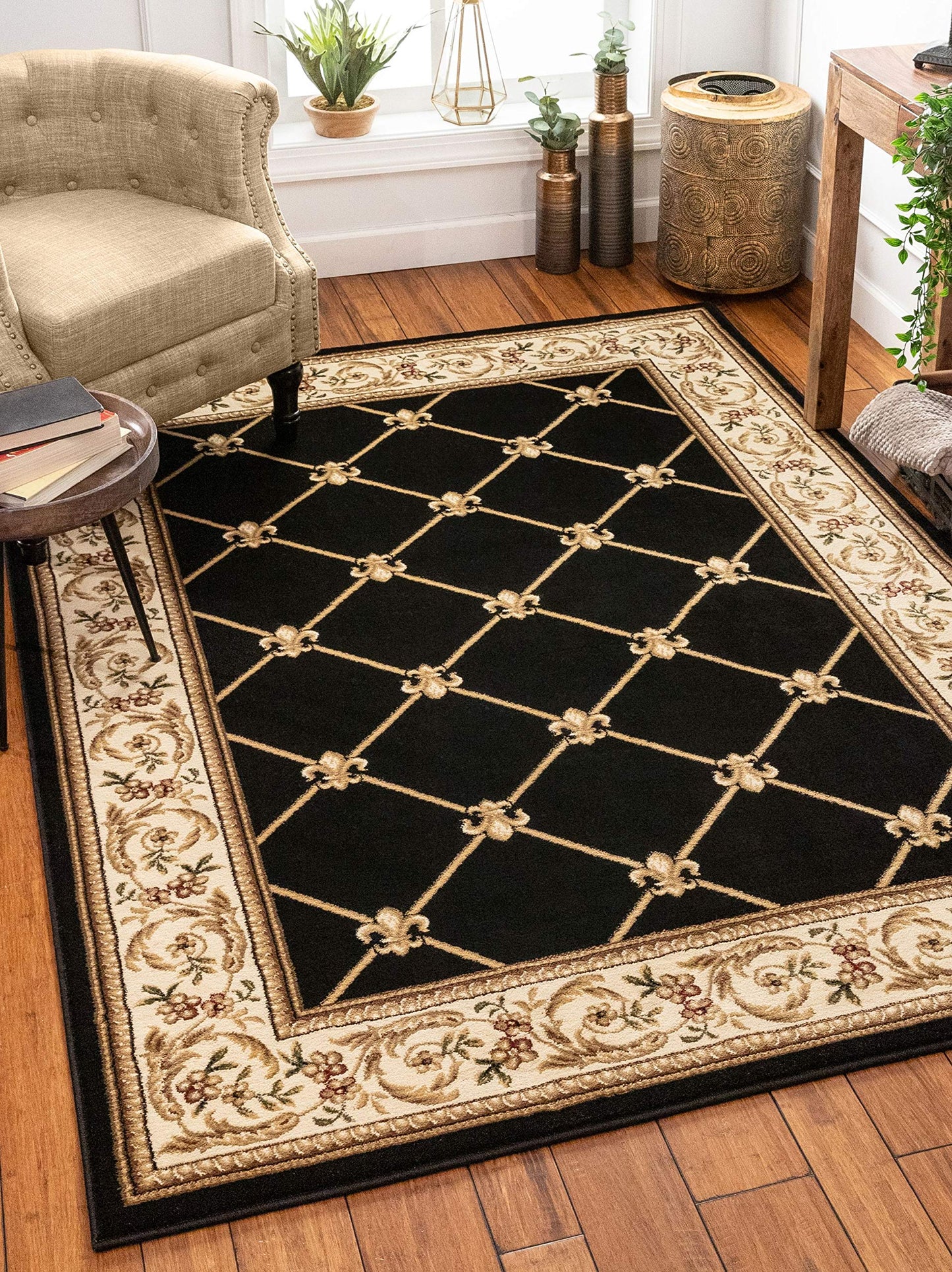 Patrician Trellis Black French European Formal Traditional (5'3" x 7'3") Area Rug Stain Fade Resistant Shed Free Modern Contemporary Floral Transitional Thick Soft Plush Living Dining Room Rug