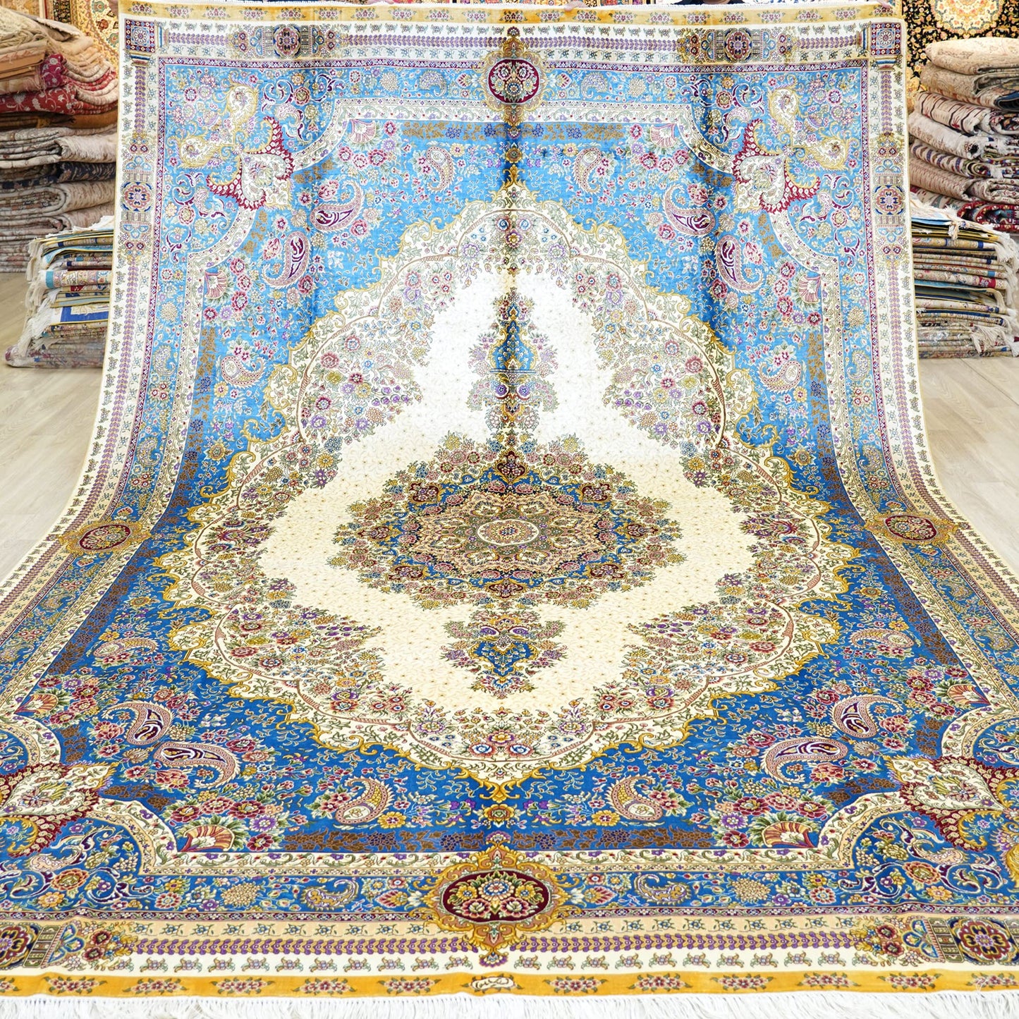 Yuchen Rug Silk Rug 8x10 Blue Handmade Traditional Medallion Vintage Large Silk Rug for Living Room