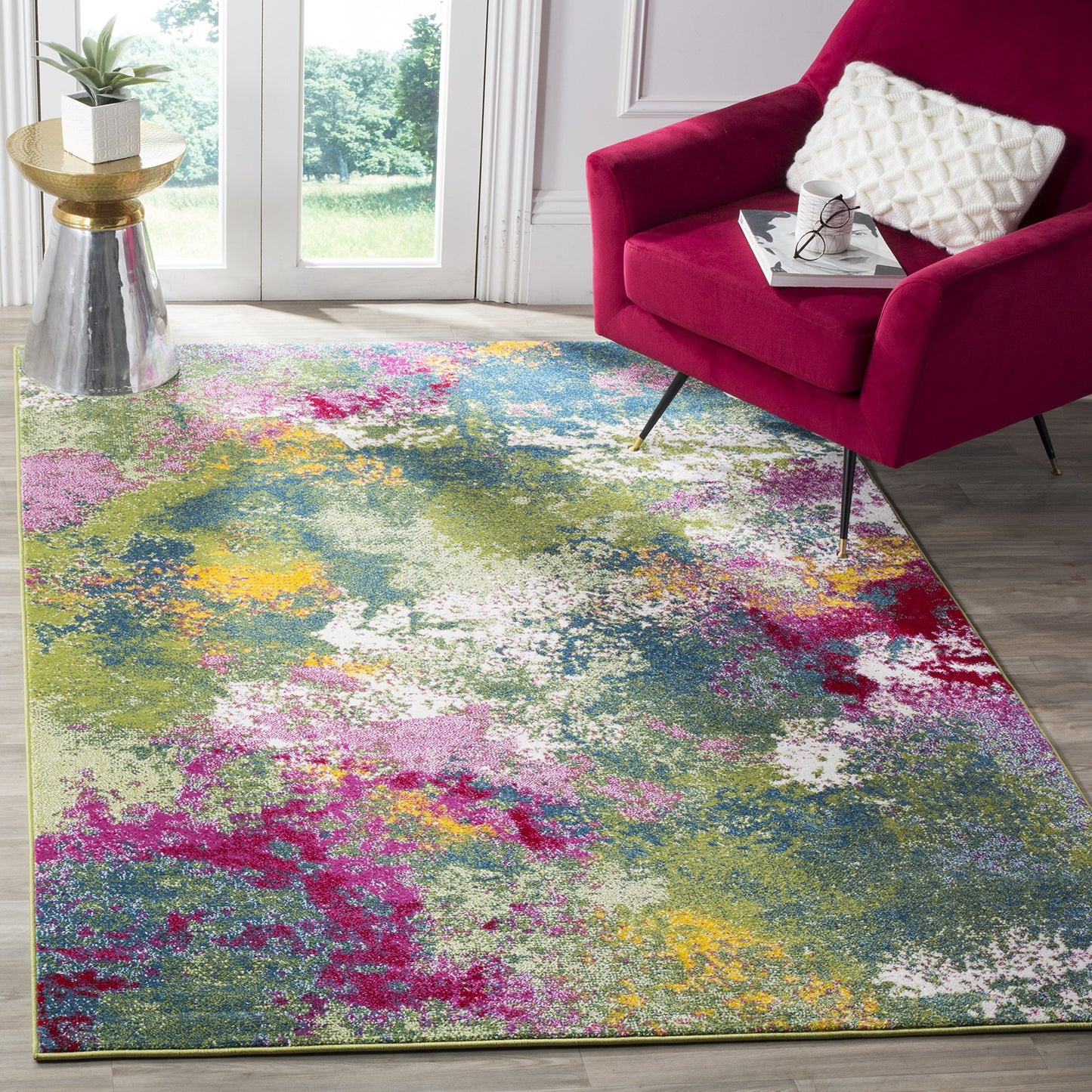 SAFAVIEH Watercolor Collection Area Rug - 6'7" x 9', Green & Fuchsia, Colorful Boho Abstract Design, Non-Shedding & Easy Care, Ideal for High Traffic Areas in Living Room, Bedroom (WTC697C)