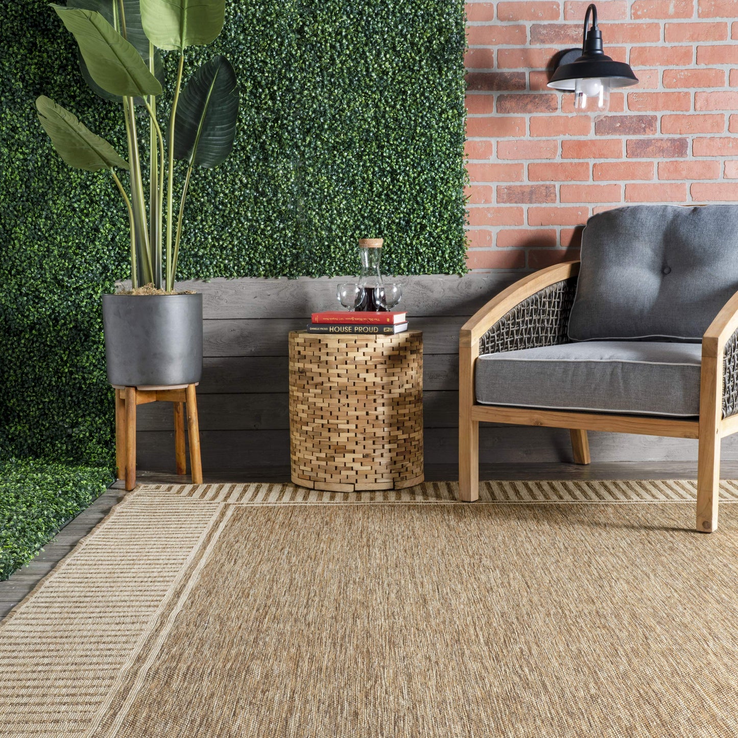 """nuLOOM 5' x 8' Outdoor Area Rug, Casual Design With Striped Border, Stain Resistant, Highly Durable, For Patio, Balcony, Bedroom, Living Room, Dining Room, Bathroom, Light Brown"""
