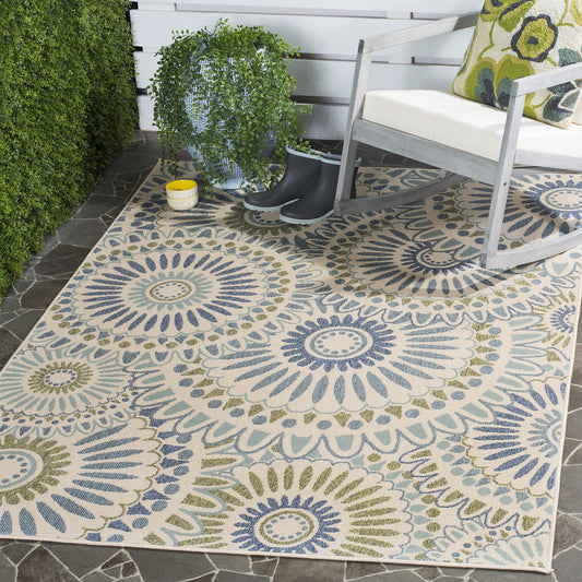 SAFAVIEH Washable Rug Outdoor Veranda Collection - 5'3" x 7'7", Cream & Green, Non-Shedding & Easy to Clean, Ideal for Patio, Backyard, Mudroom (VER091-0614)