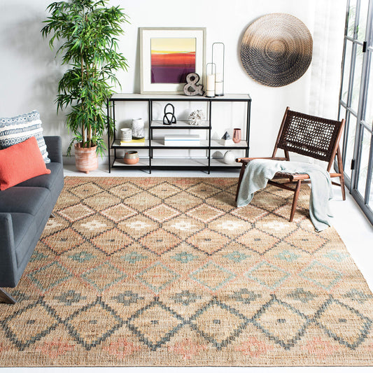 SAFAVIEH Area Rug 8x10 - Kilim Collection - Large - Natural & Blue, Handmade Jute & Cotton, Moroccan Boho Design, Ideal for Living Room, Bedroom, Office, Dining Space (KLM753A)