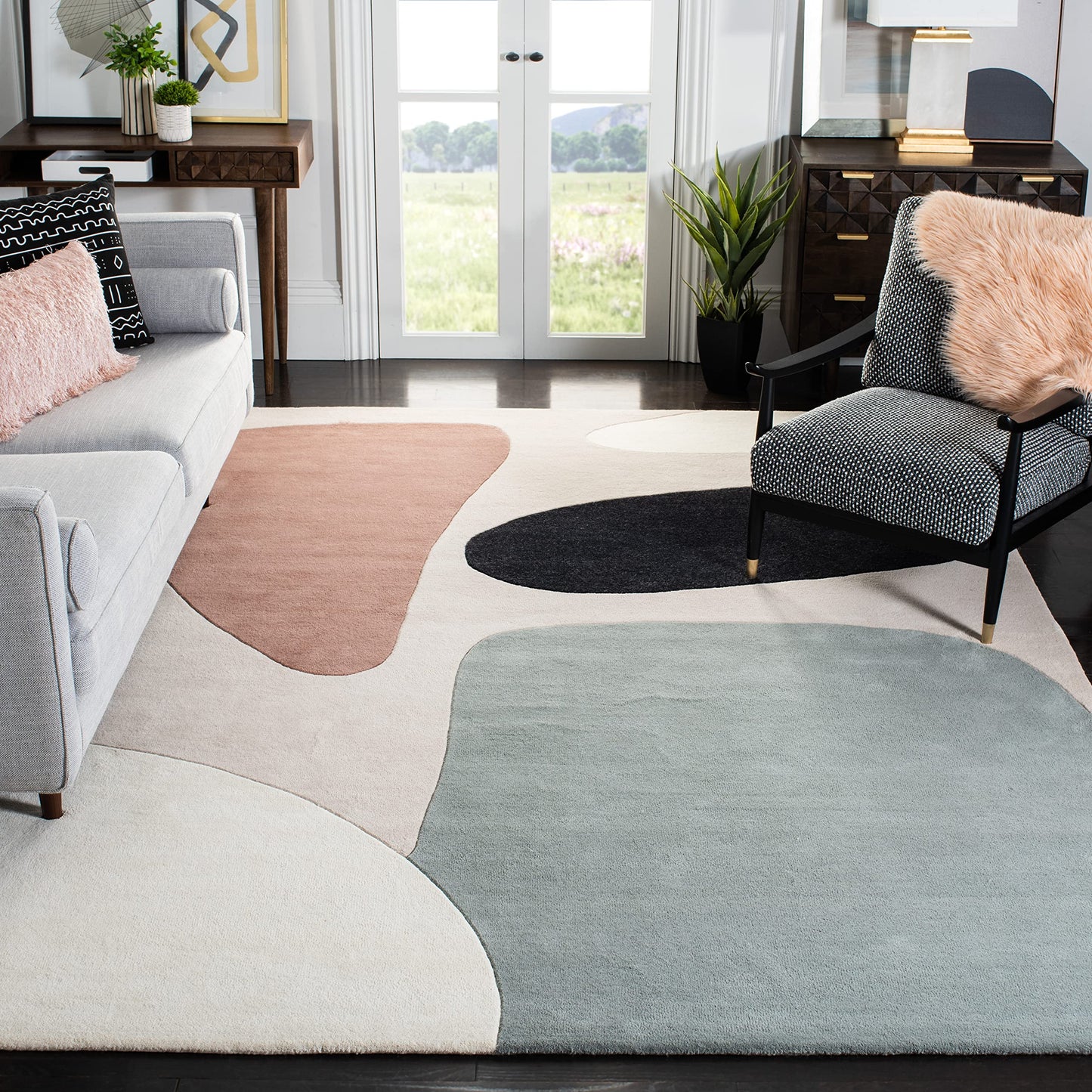 SAFAVIEH Fifth Avenue Collection 8' x 10' Beige / Black FTV119B Handmade Mid-Century Modern Abstract Wool Area Rug