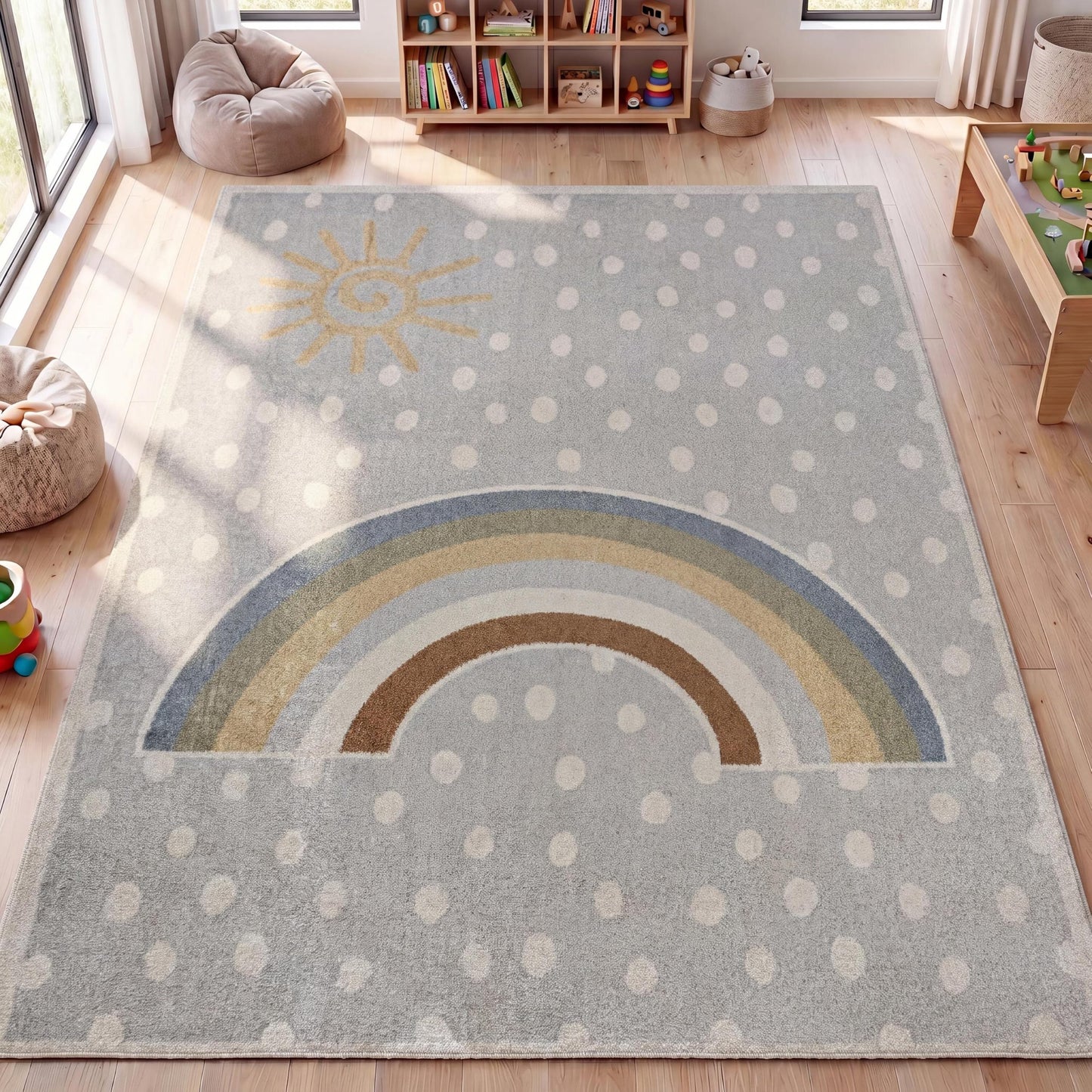 JONATHAN Y Machine-Washable Gray/Ivory/Yellow Indoor Area Rug, 4x6, Minha Rainbow Dots, Kids & Novelty, Casual, Classic, Bedroom, Kitchen, Living Room, Easy-Cleaning, Non-Shedding (KDW102A-4)