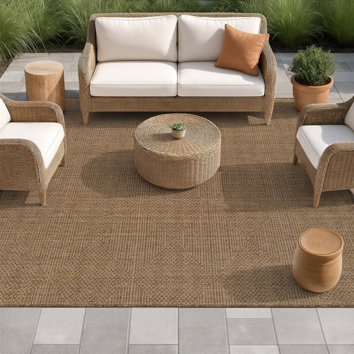 Rugshop Diamond Grid Indoor Outdoor Flat Woven Area Rug,Natural Jute-Style,Easy-Care Patio Rug for Backyard Porch Deck Balcony, 6'6" x 9' Sand/Natural