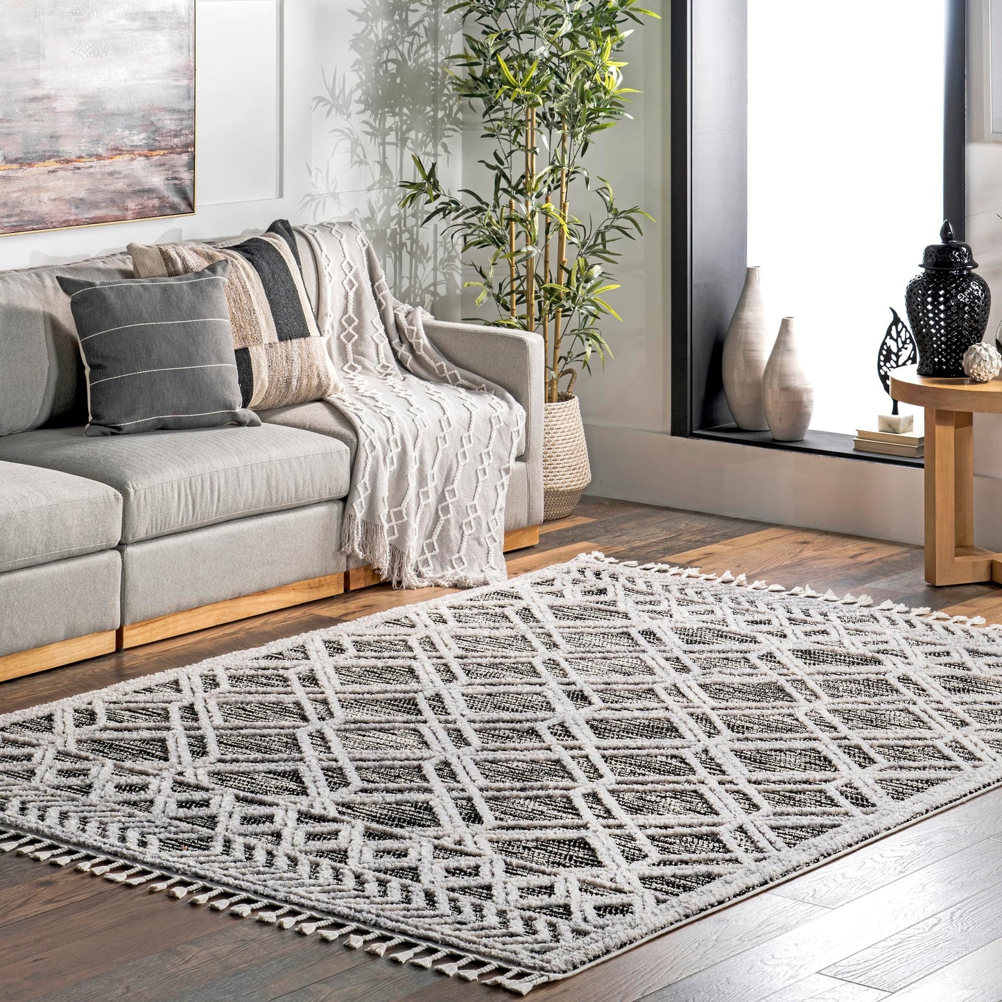 nuLOOM 8x11 Ansley Moroccan Tassel Area Rug, Grey, High-Low Textured Bohemian Design, Plush High Pile, Stain Resistant, For Bedroom, Living Room, Hallway, Entryway