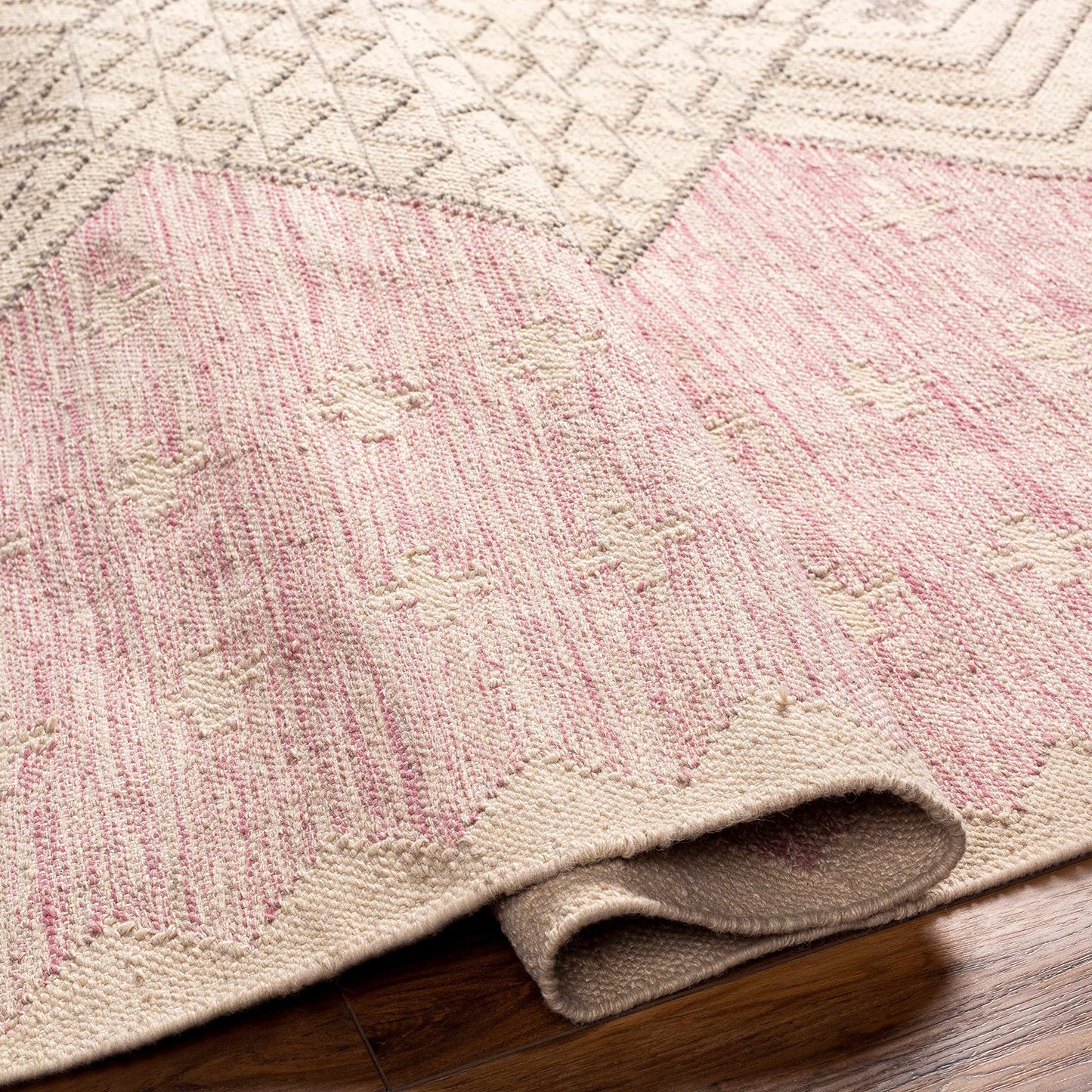 Hauteloom Sang Recycled Material Area Rug - Geometric Diamond Chevron Medallion Border - Bohemian Transitional Boho Tribal Moroccan - Dusty Pink, Dark Pink, Tan, Pink, Cream - 2' x 3'