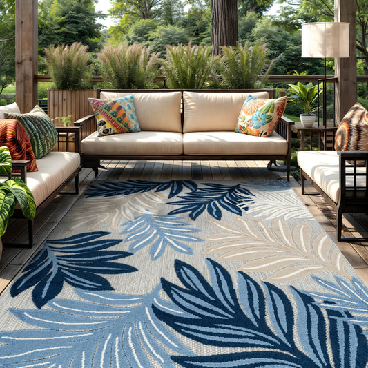 Rugshop Indoor/Outdoor High-Low Textured Area Rug, Botanical, Easy-Clean Patio Rug for Porch Deck Balcony 5' x 7' Dark Blue