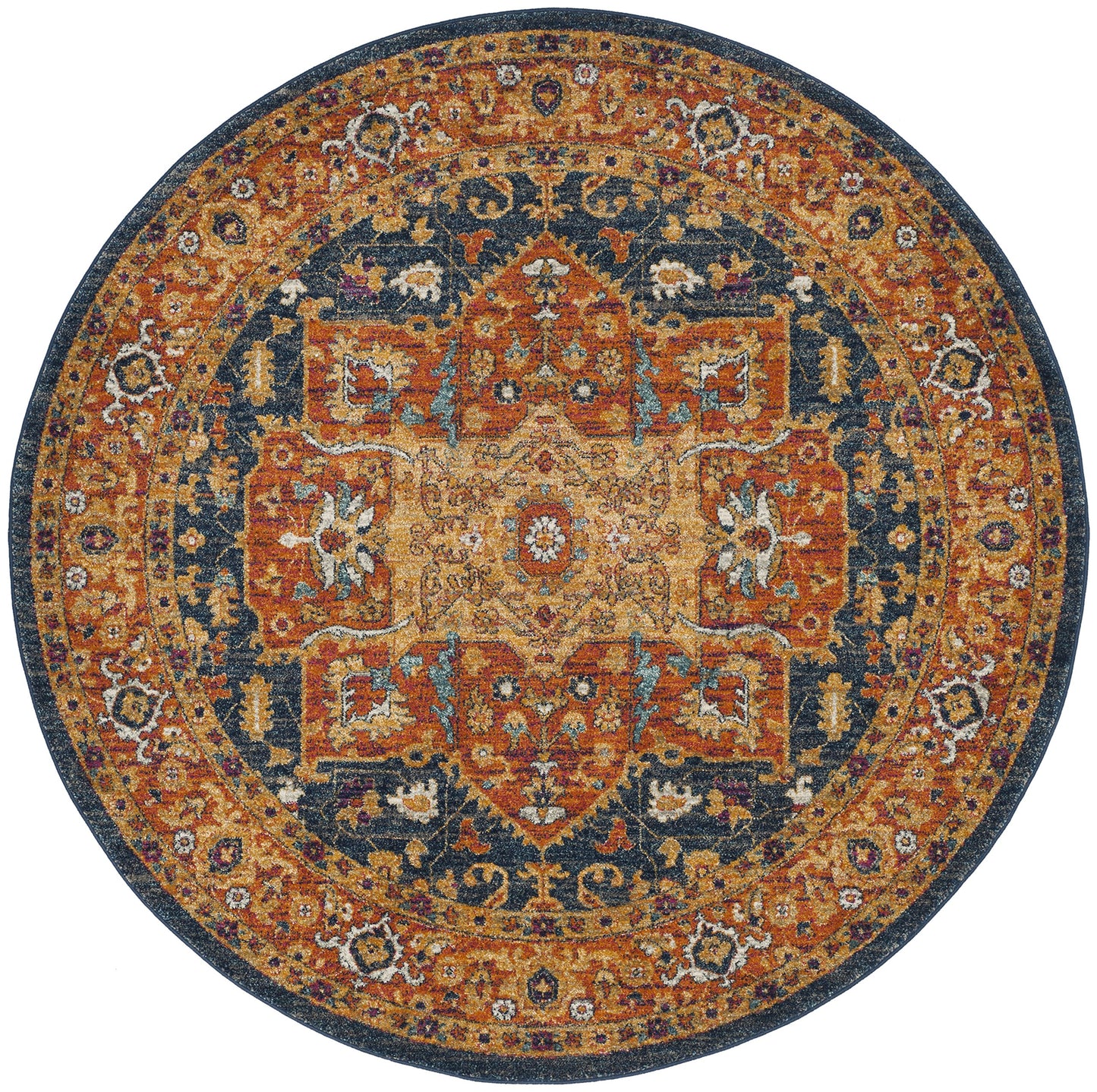 SAFAVIEH Evoke Collection Area Rug - 6'7" Round, Blue & Orange, Oriental Medallion Distressed Design, Non-Shedding & Easy Care, Ideal for High Traffic Areas in Living Room, Bedroom (EVK275C)