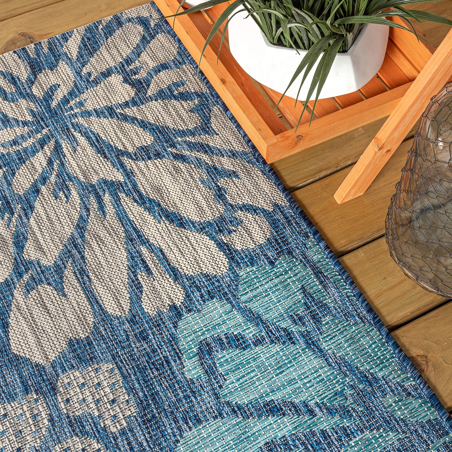JONATHAN Y Floral Textured Weave Indoor Outdoor Square Area Rug 6X6 Navy/Aqua, Zinnia Modern for Backyard, Patio, Porch, Easy-Cleaning, High Traffic, Pet-Friendly, Non-Shedding (SMB110C-6SQ)